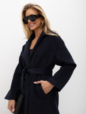 Alternative view of Navy blue women's coat with a tied belt