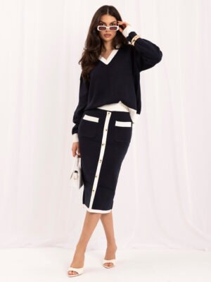 Navy Blue elegant sweater set with buttons
