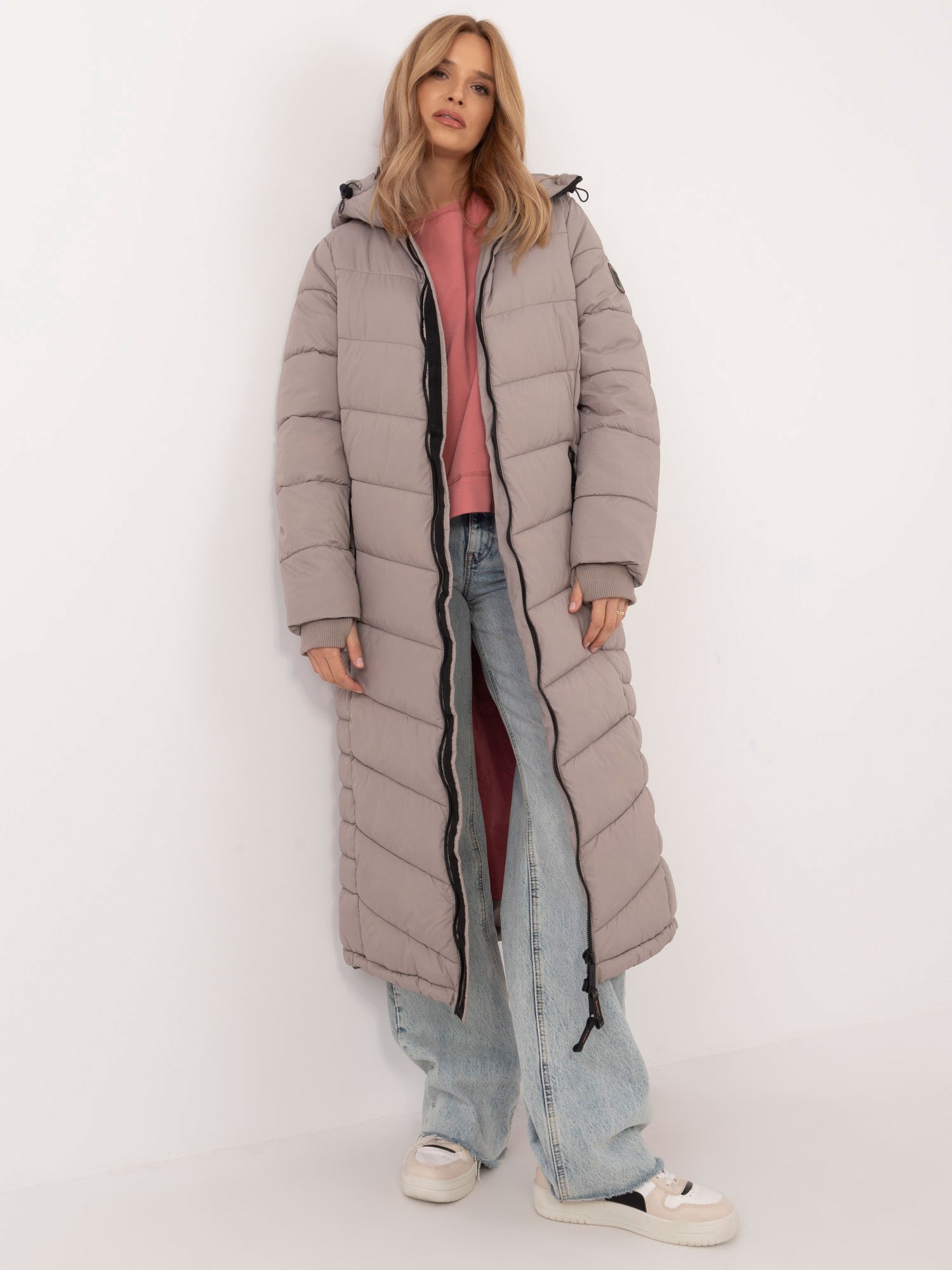 Dark Beige long winter jacket with quilting