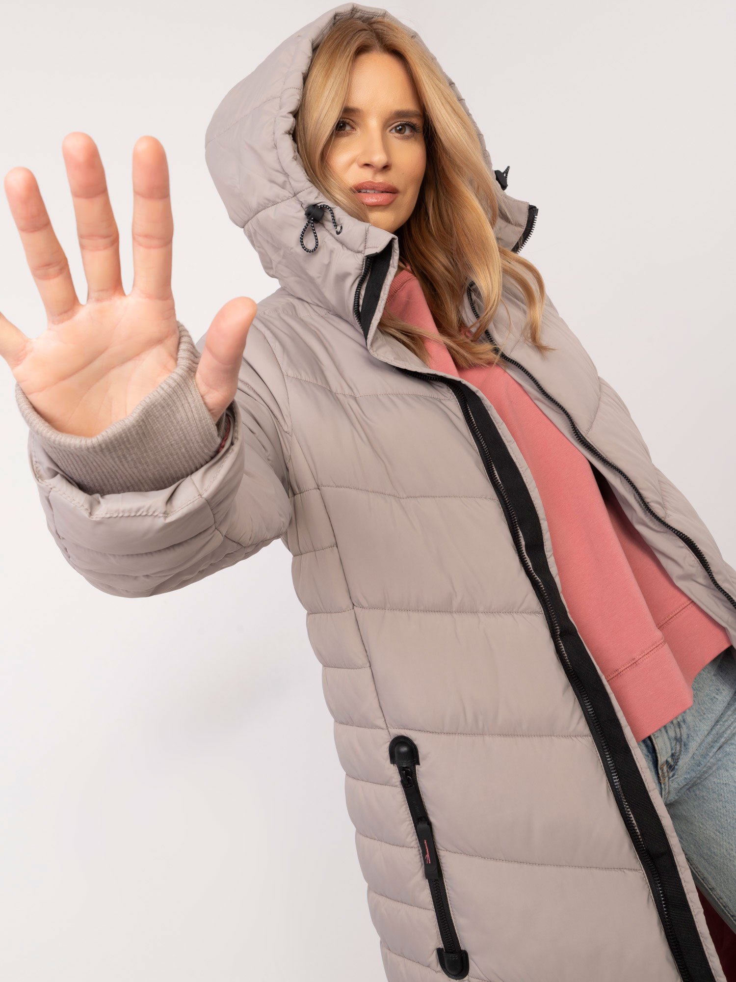 Dark Beige long winter jacket with quilting - Image 3