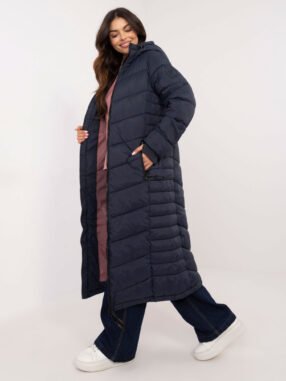 Navy blue long winter jacket with quilting