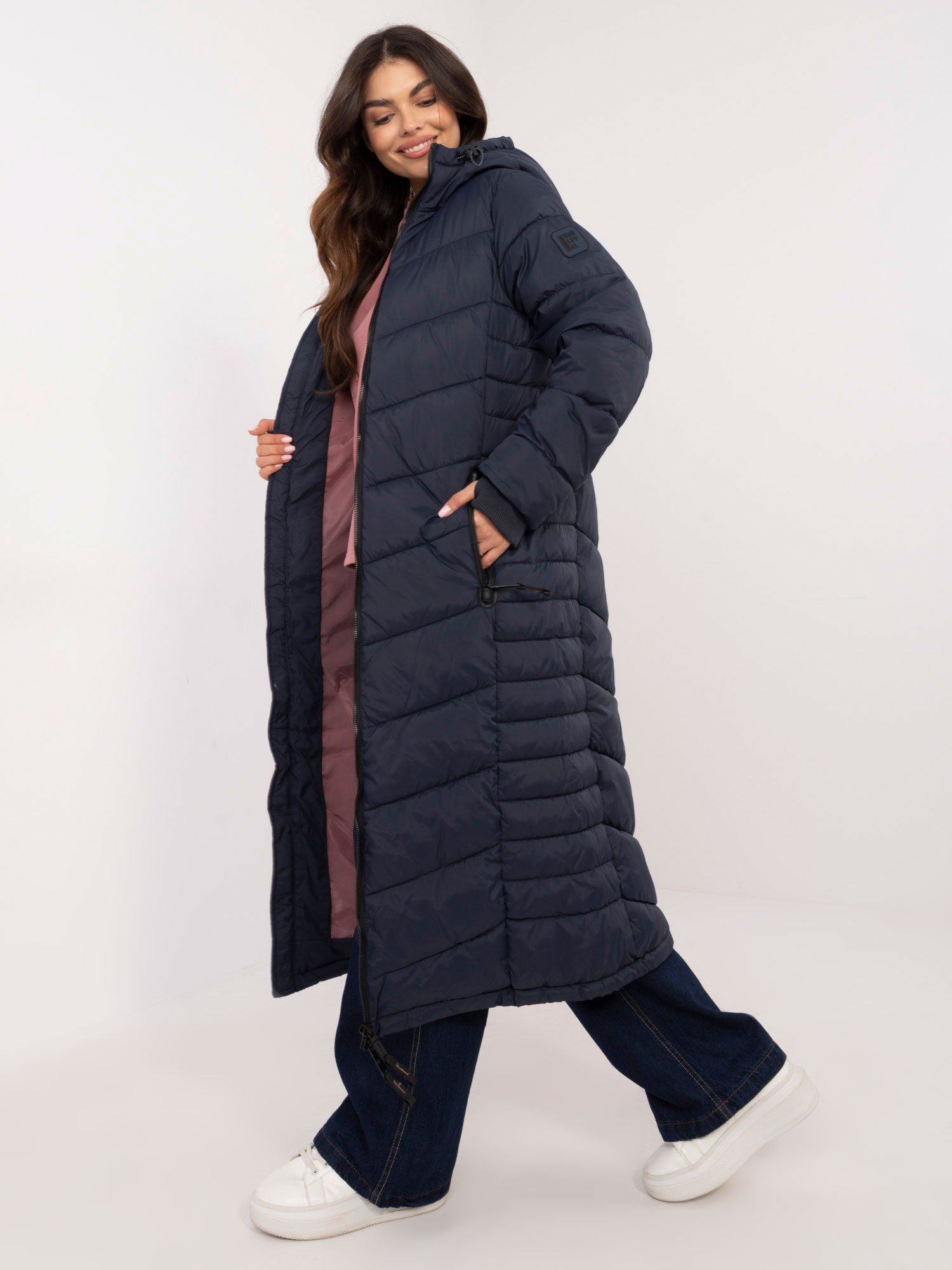 Navy blue long winter jacket with quilting