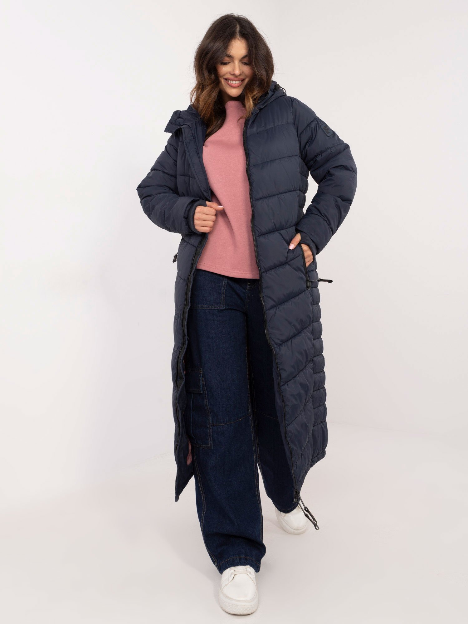 Navy blue long winter jacket with quilting - Image 4