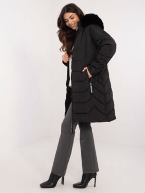 Alternative view of Black down winter jacket with fur