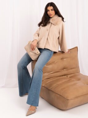Light beige trapeze coat with button closure