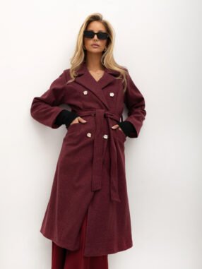 Elegant burgundy coat with a tie belt