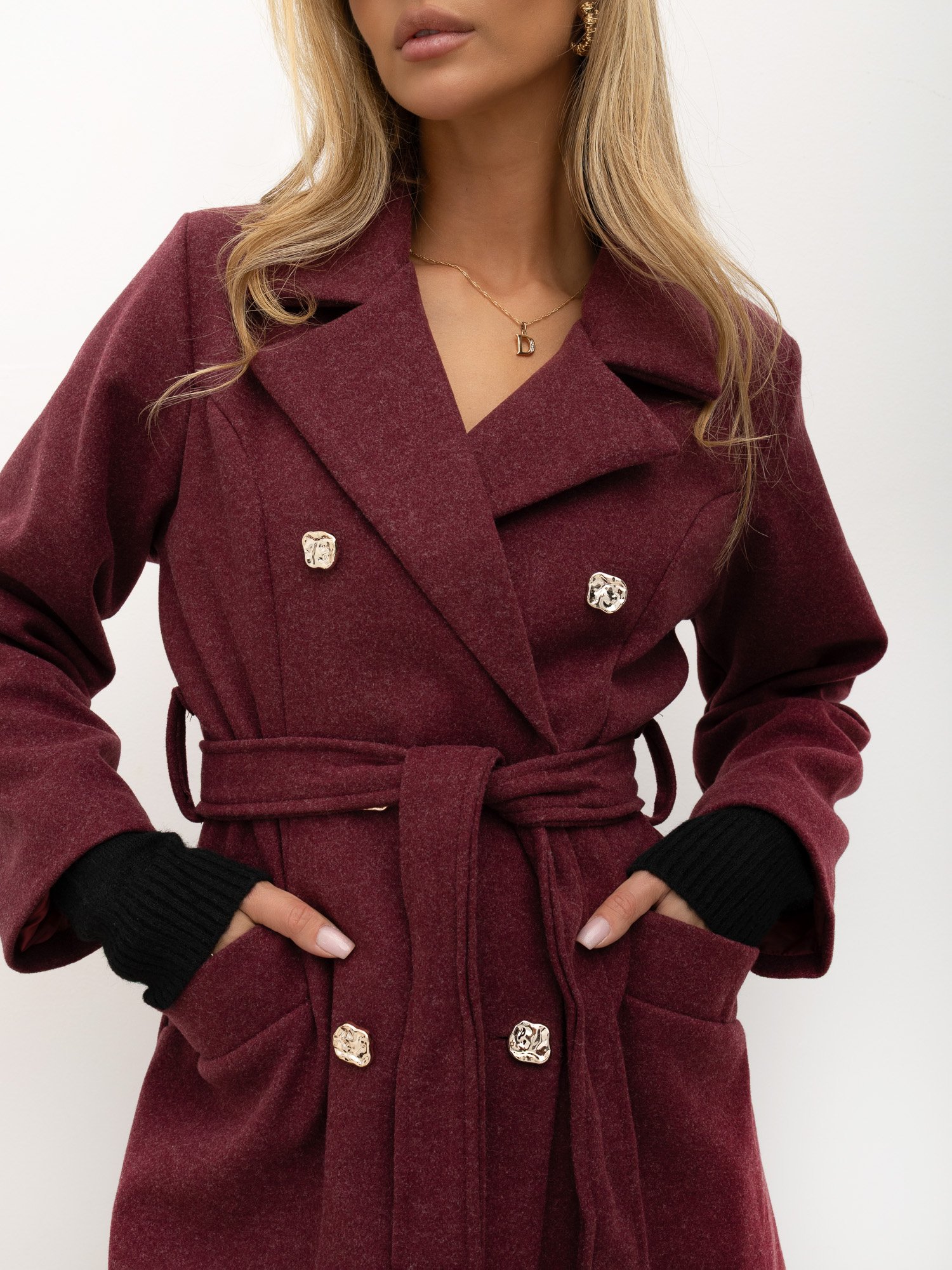 Elegant burgundy coat with a tie belt - Image 4