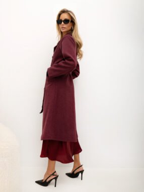 Alternative view of Elegant burgundy coat with a tie belt