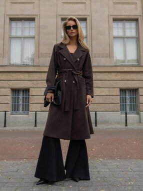 Alternative view of Elegant brown coat with a tie belt