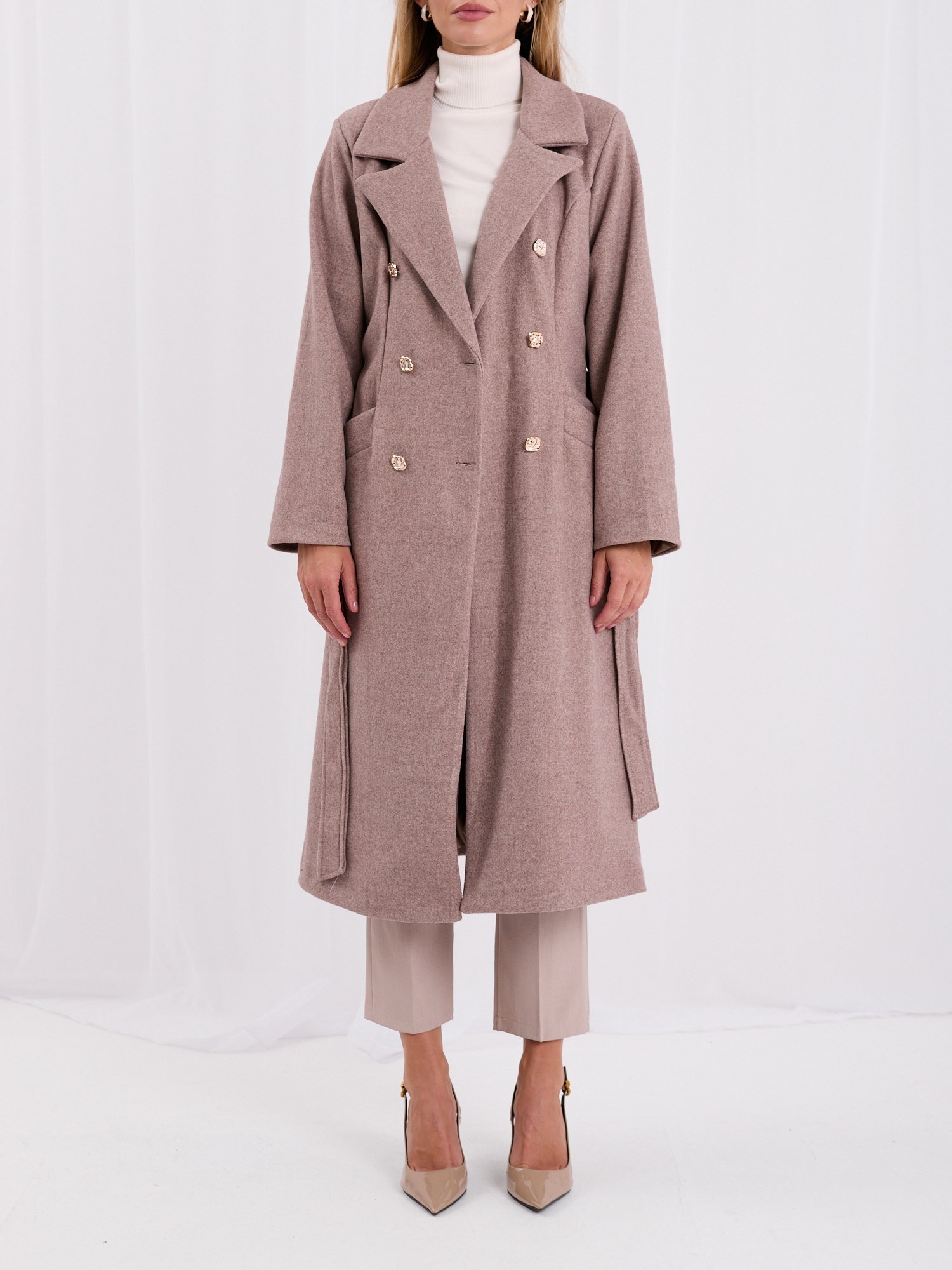 Elegant Dark Beige coat with a tie belt - Image 6