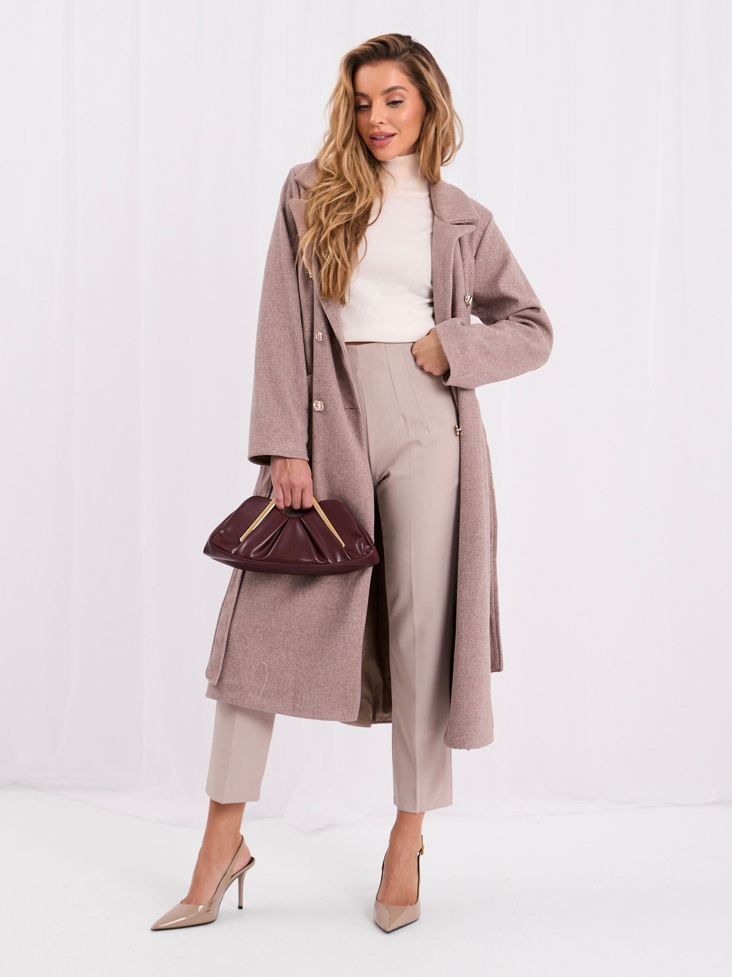 Elegant Dark Beige coat with a tie belt - Image 5