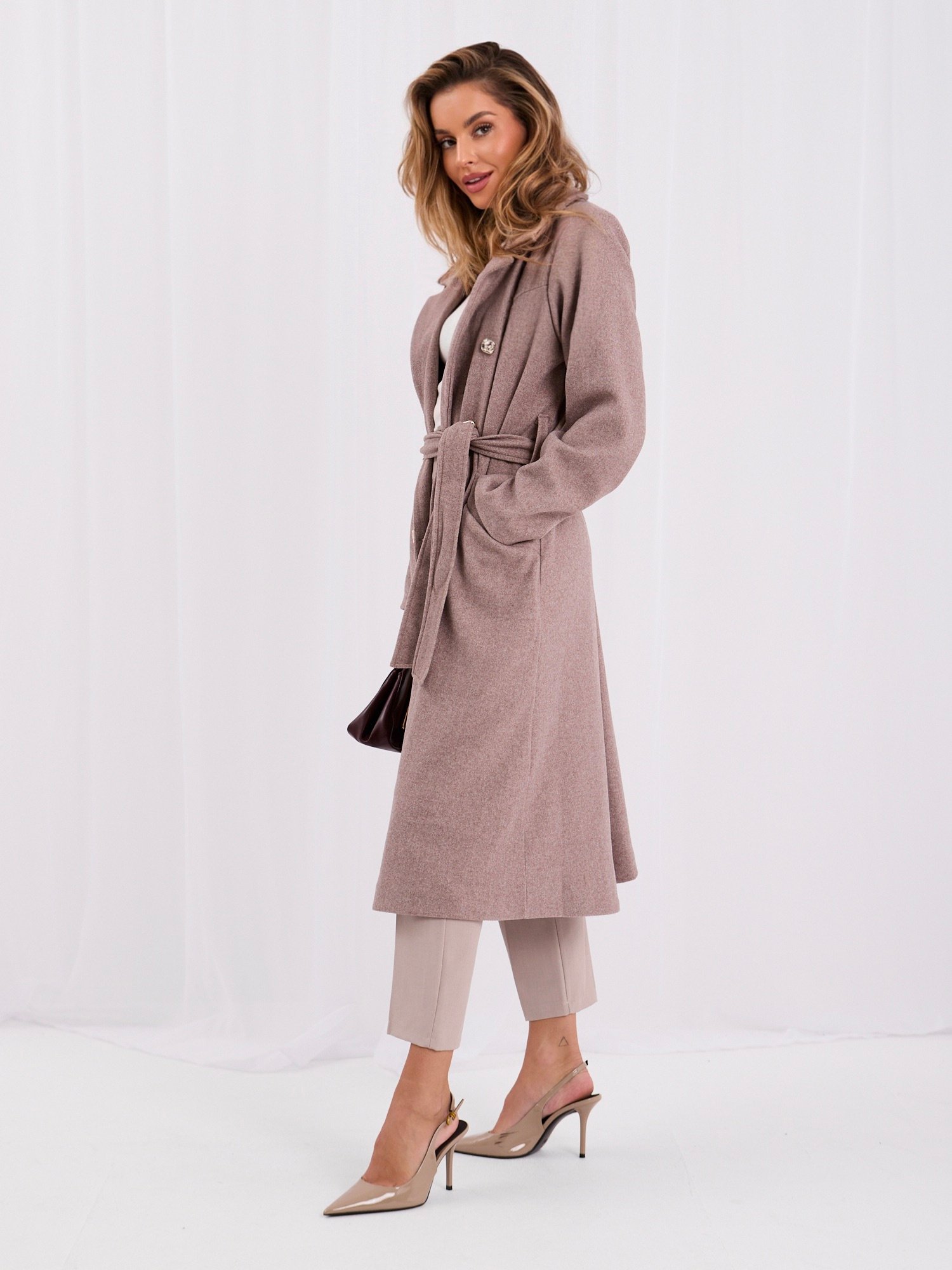Elegant Dark Beige coat with a tie belt - Image 2
