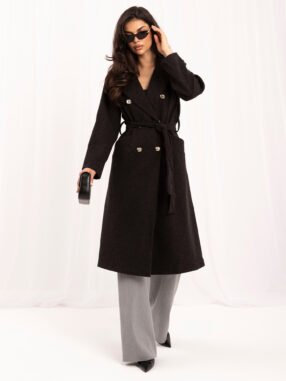 Elegant graphite coat with a tie belt