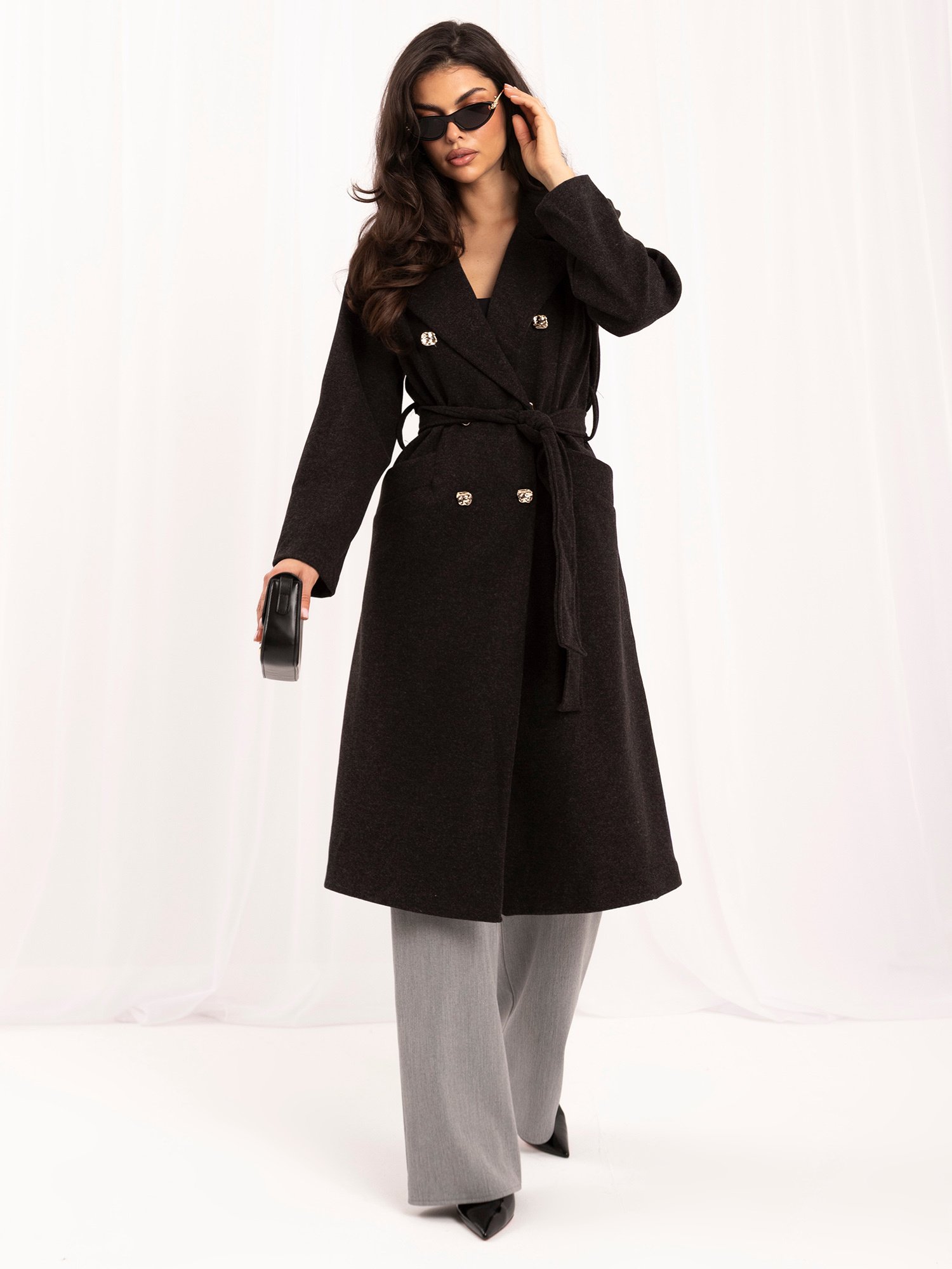 Elegant graphite coat with a tie belt