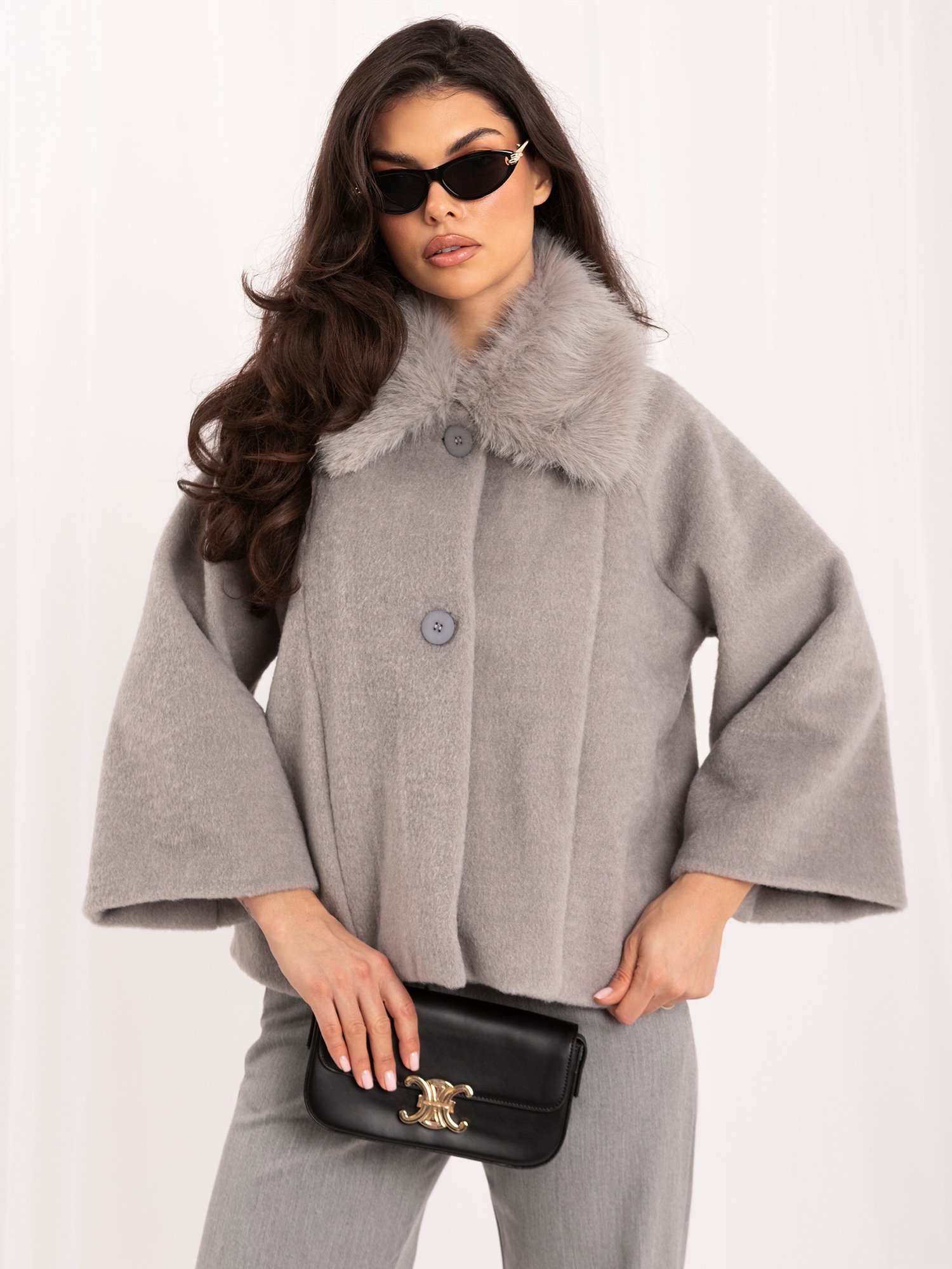 Grey trapeze coat with button closure - Image 5